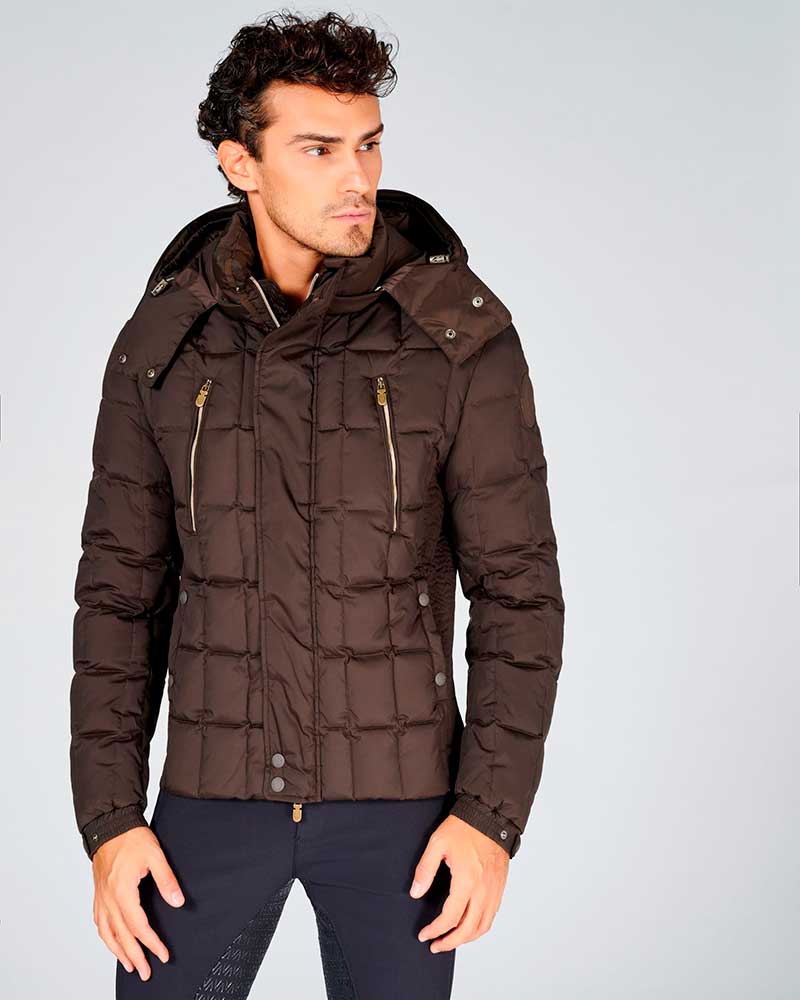 Manteau matelassé marron foncé avec capuche et col haut pour homme modèle Jackson - Vestrum
