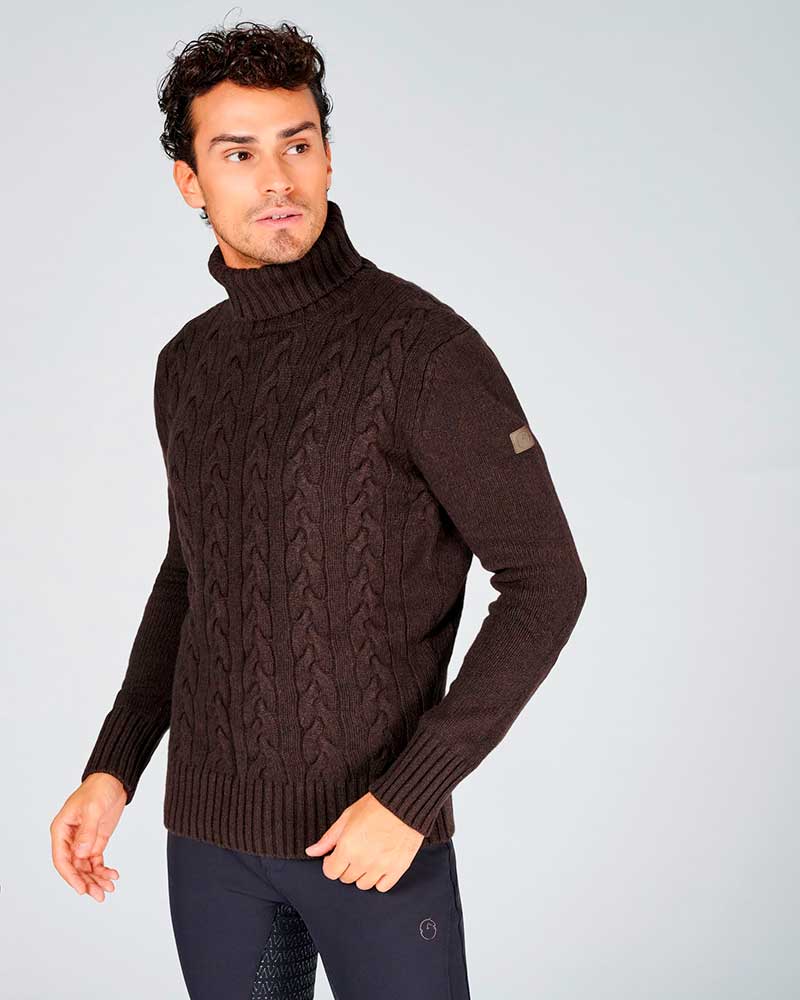 Pull de ochos marron foncé à col haut et coudières pour homme Anchorage - Vestrum