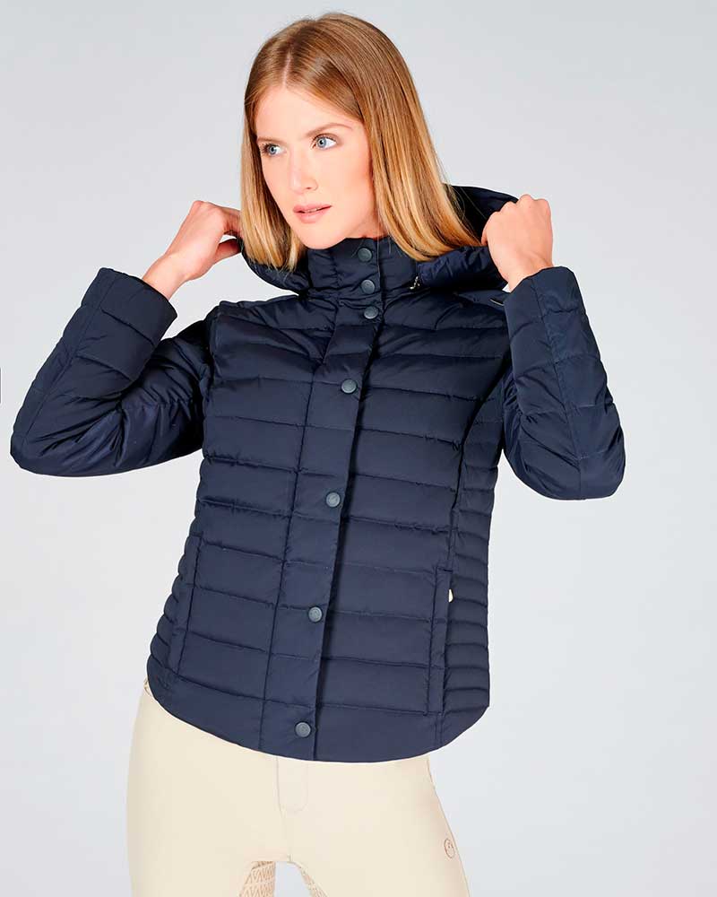 Navy blue short padded coat with high collar and hood for women New York - Vestrum