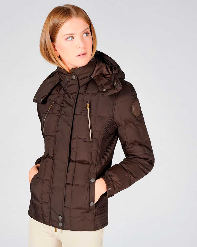 Dark brown padded coat with high collar and hood for women model La Thuille - Vestrum