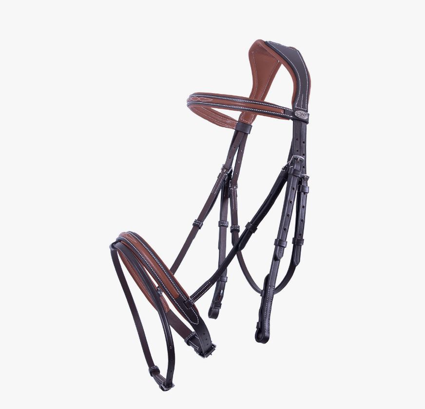 Bridas de piel marrón bicolor con costuras blancas y riendas para caballo Freya - QHP
