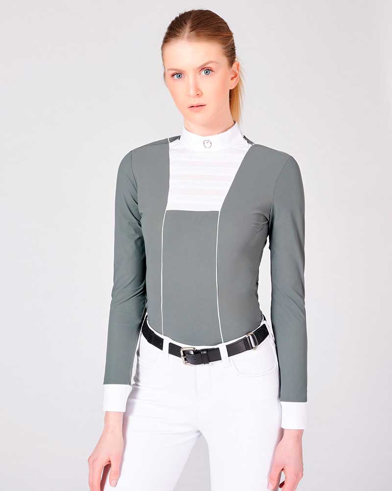 Long-sleeved sage green competition polo with white front panel for women – Nanchino - Vestrum