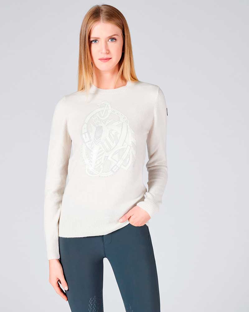 Cream wool sweater with embroidery and sequins on the front for women – Kiel - Vestrum