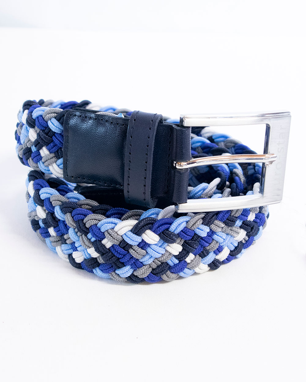 Ceinture tressée et élastique bleu, bleu clair, bleu marine, gris et blanc avec finitions en cuir bleu marine - Euro-Star