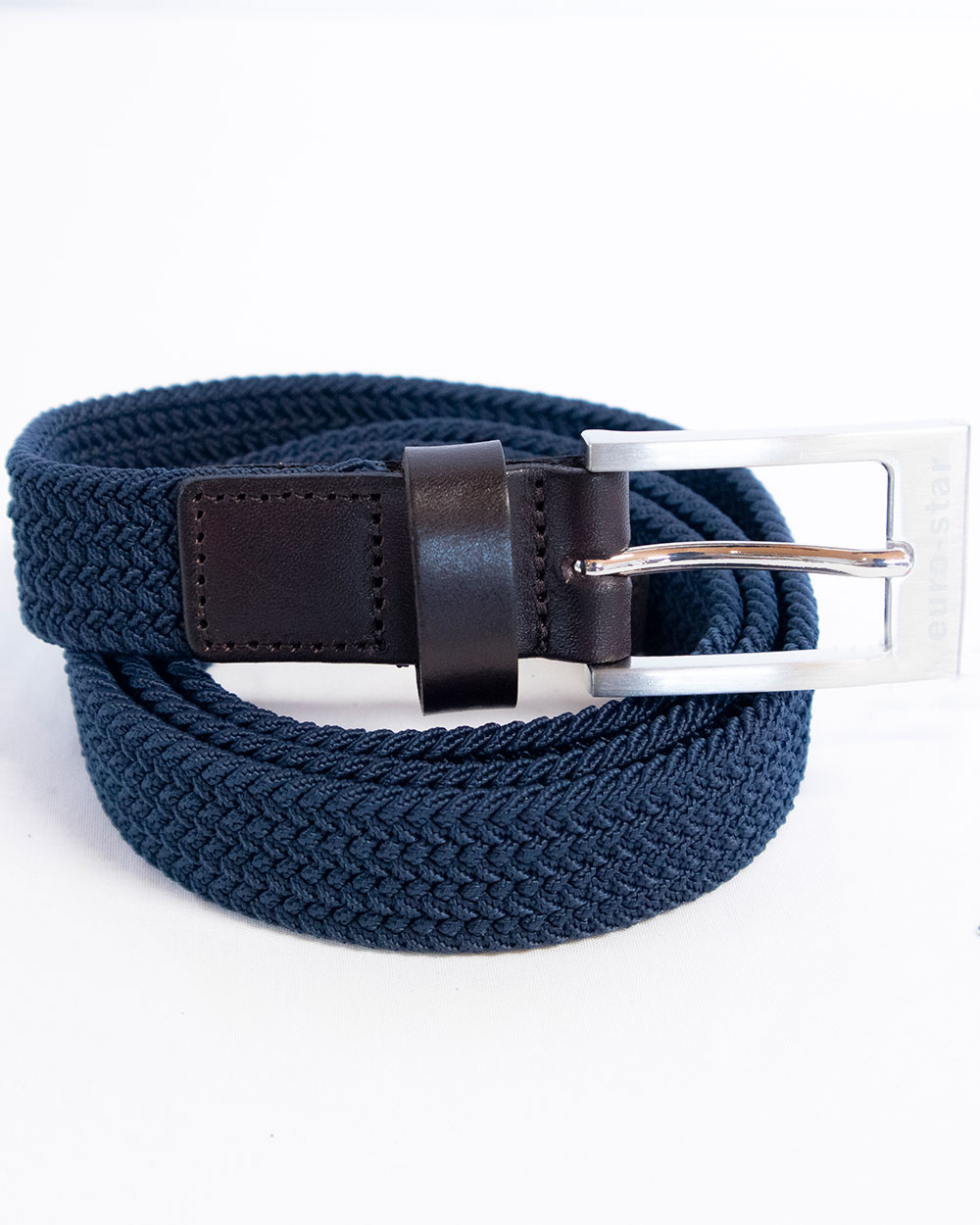 Ceinture étroit, tressé et élastique bleu marine avec finitions en cuir marron foncé - Euro-Star