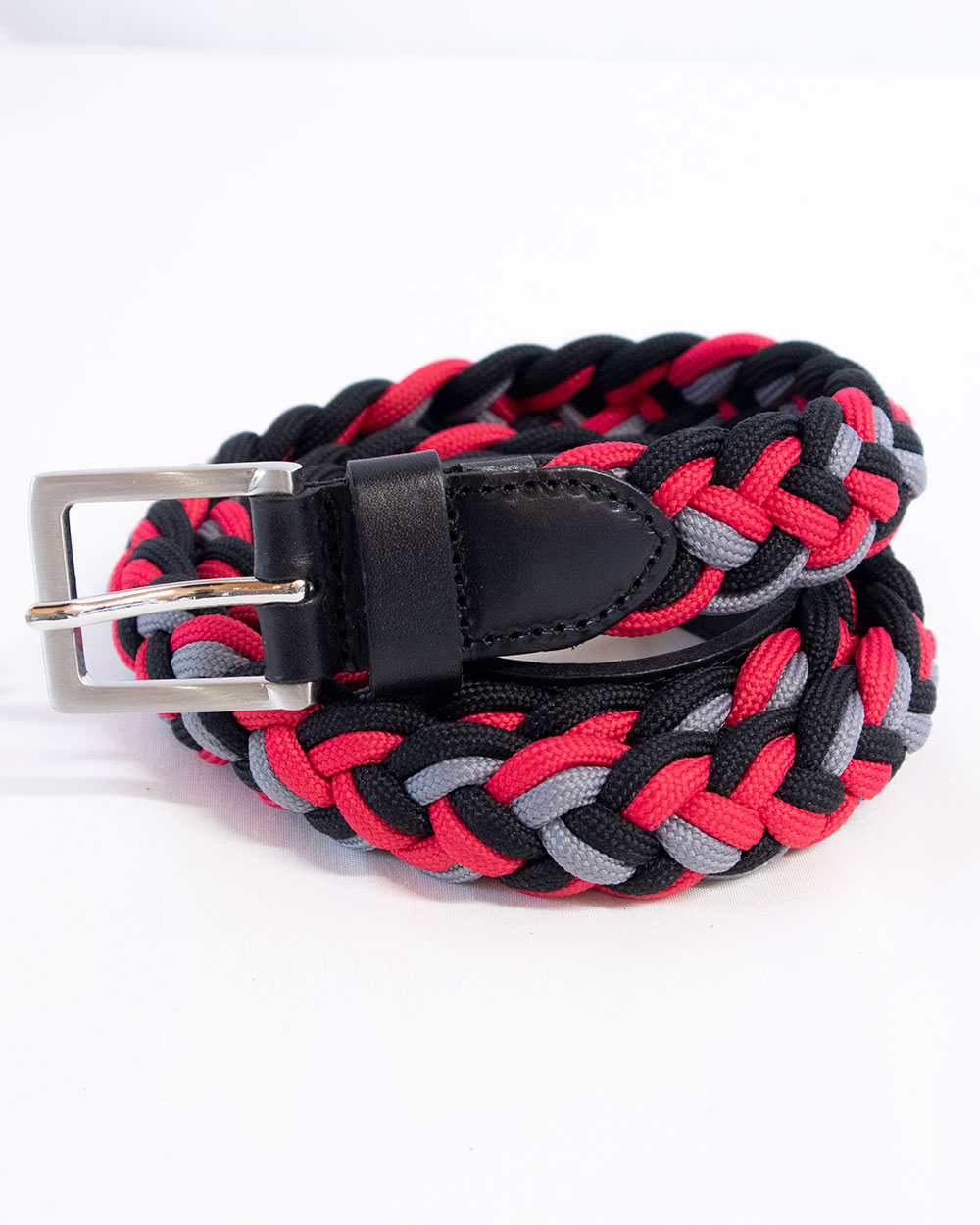 Narrow braided and elastic belt in coral, black, and grey with black leather finishes - Euro-Star