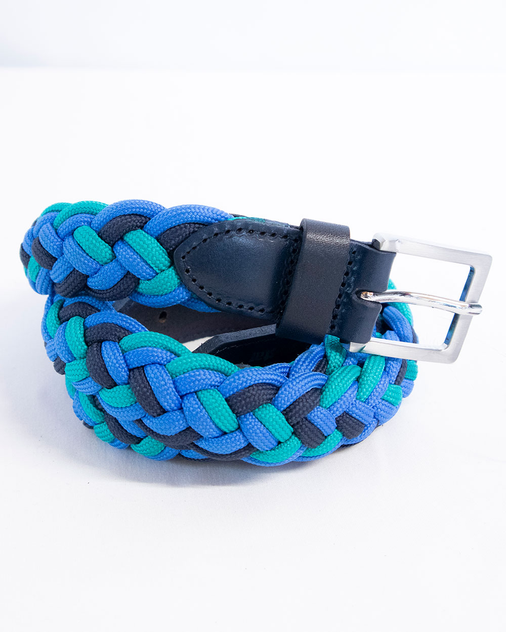 Ceinture étroit, tressé et élastique bleu marine, turquoise et bleu avec finitions en cuir en bleu marine - Euro-Star