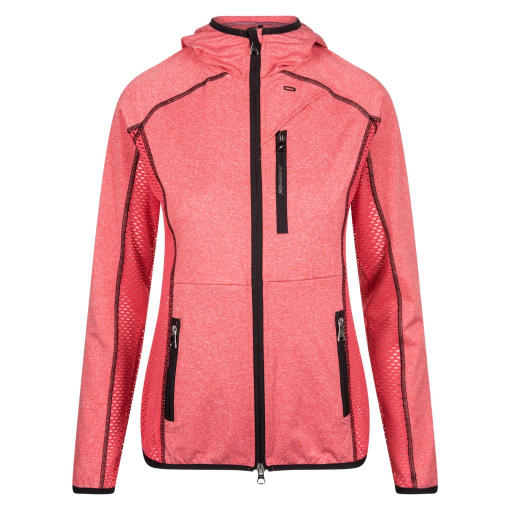 Very light pink/red training sweatshirt with grey zipper, fuchsia mesh sides, high collar, and hood for women – Rabea model - Euro-Star