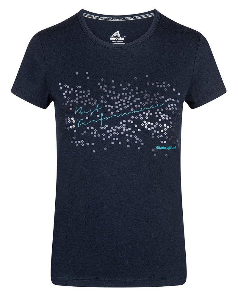 T-shirt bleu marine à strass à manches courtes pour femme modèle Janie - Euro-Star