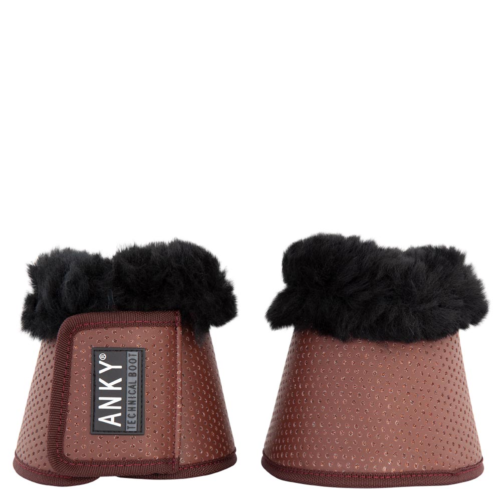 2 saddle brown bell boots with copper perforations and black sheepskin - Anky