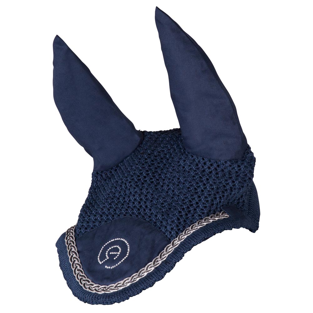 Navy blue earmuffs with shiny black and silver braided cord for horse and pony - Anky