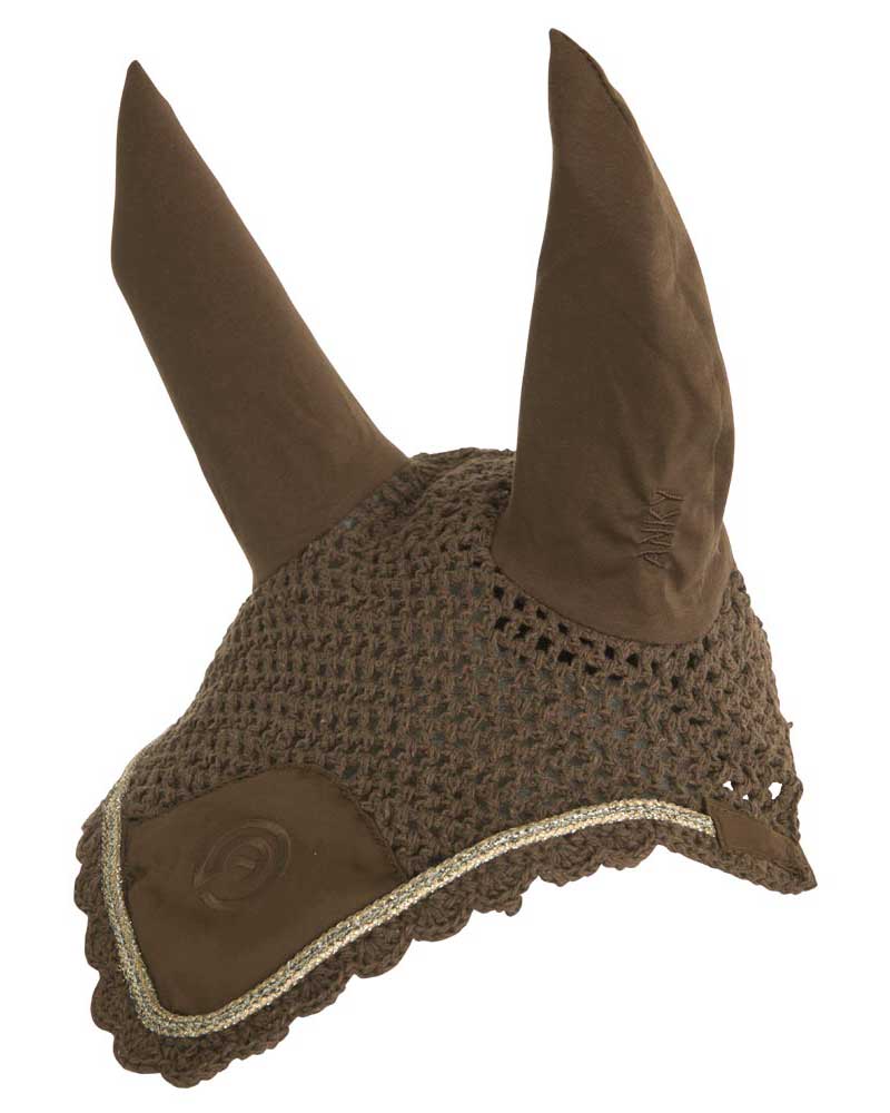 Orejeras marrones (tawny brown) con cordón dorado/plateado y orejas elásticas para caballo y pony - Anky