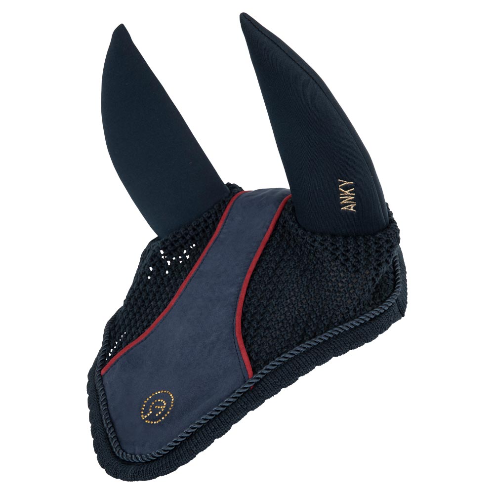 Ear bonnet in navy (dark navy) with burgundy details and noise-reducing ears for horse and pony - Anky