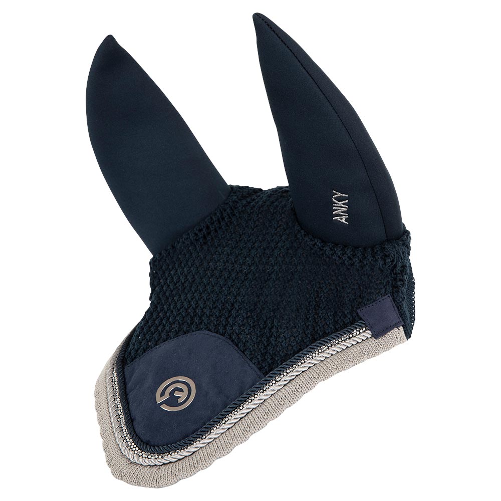 Bonnet bleu marine et gris à strass (navy/silver) avec oreilles anti-bruit pour cheval et poney - Anky
