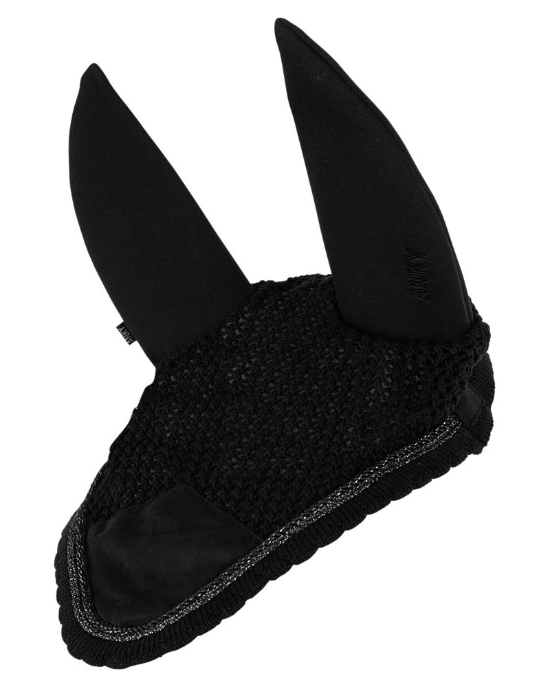 Bonnet noir décoré de cordons et oreilles anti-bruit pour cheval - Anky