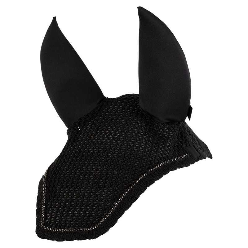Black crochet ear bonnet decorated with braided stone trim and removable cotton &amp; neoprene ears for horse - Anky