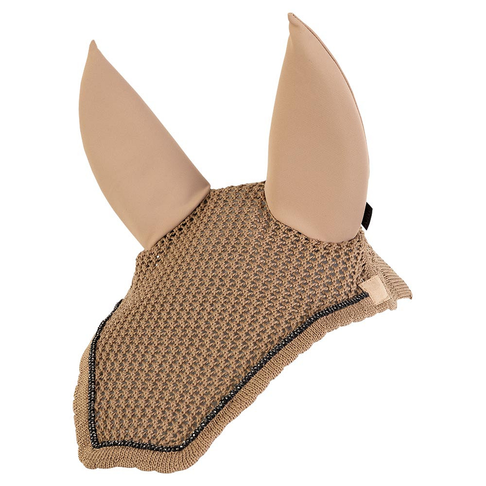 Beige crochet ear bonnet decorated with braided stone trim and removable cotton &amp; neoprene ears for horse - Anky
