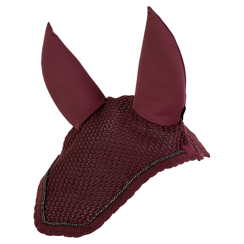 Bonnet en crochet bordeaux (windsor wine) décoré de bordure tressée à perles et oreilles coton et néoprène amovibles pour cheval - Anky