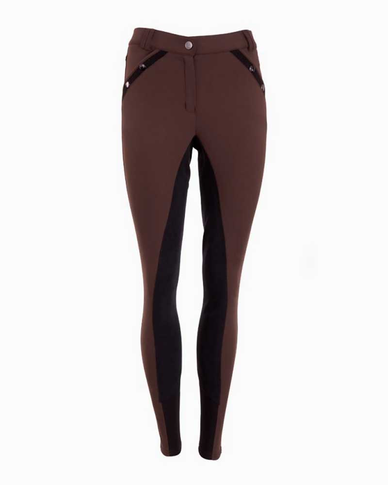 Dark Brown Riding Breeches with Black Glitter Details and Leather Full Seat for Women - Anky