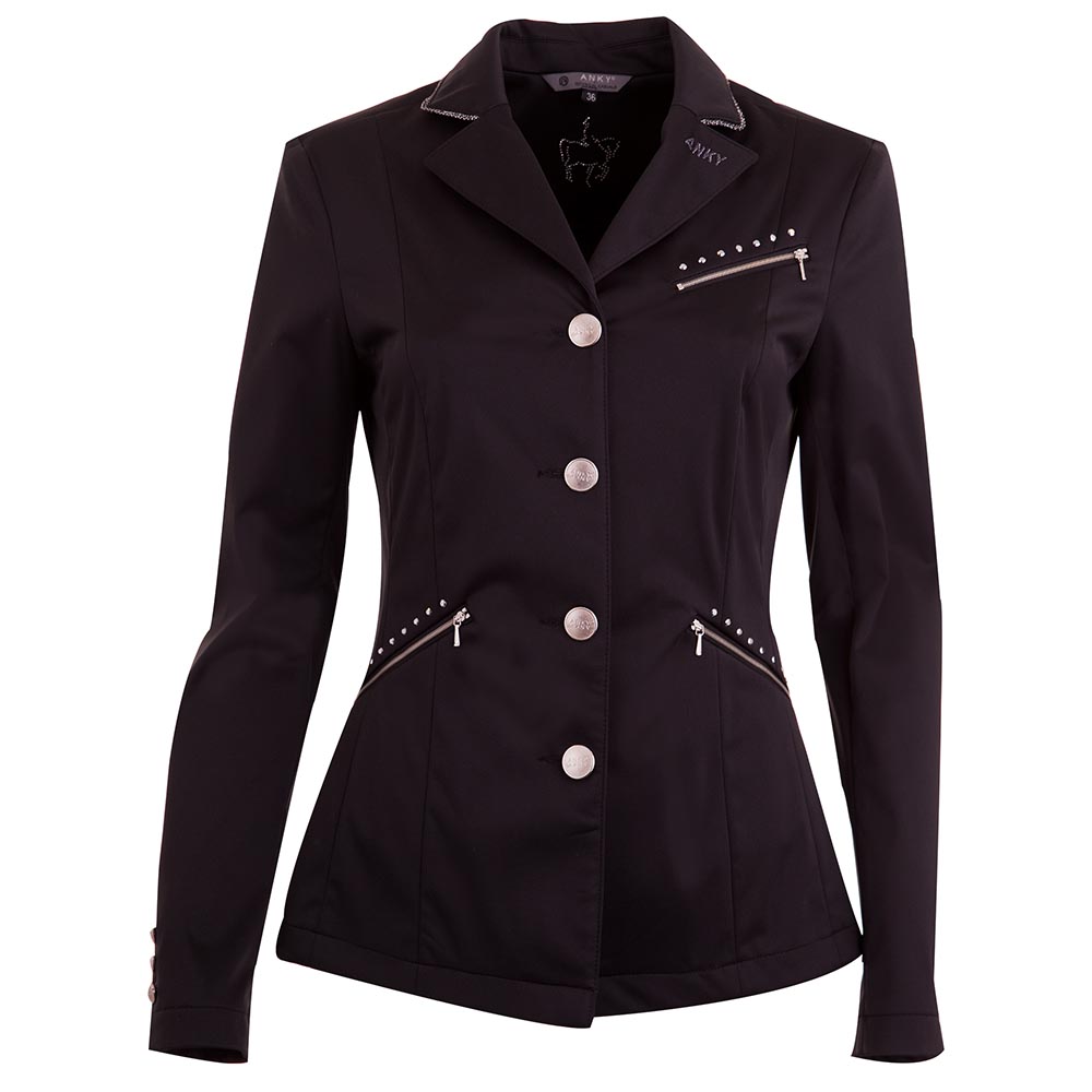Veste de compétition noire avec clous et passepoil du col argenté brillant pour femme - Anky