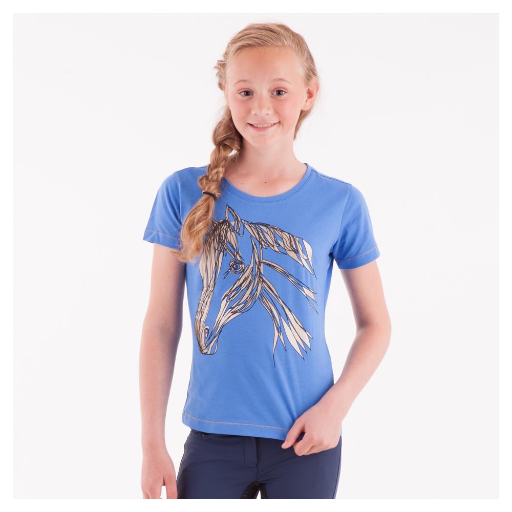 Heavenly blue short-sleeved cotton t-shirt with black and gold horse print for girls - Anky