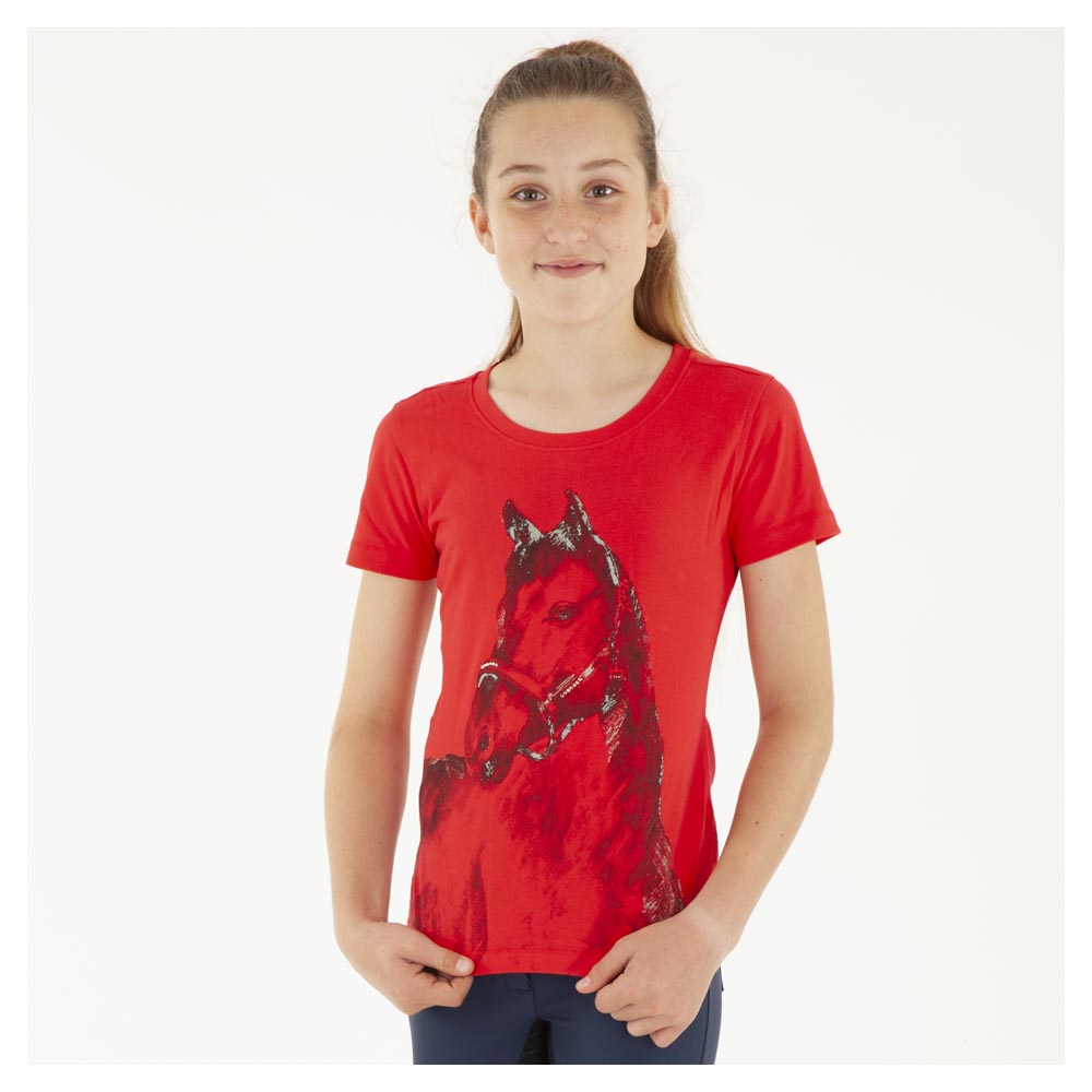 Short-Sleeve Red (Flaming Scarlet) T-Shirt with Design and Rhinestones for Girls - Anky