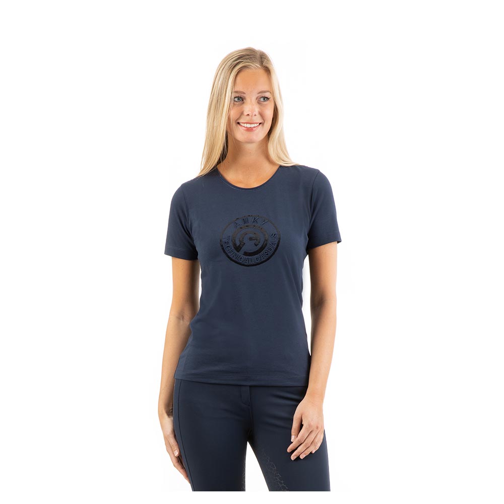 T-shirt bleu marine (dark navy) à manches courtes avec broderies et paillettes pour femme - Anky