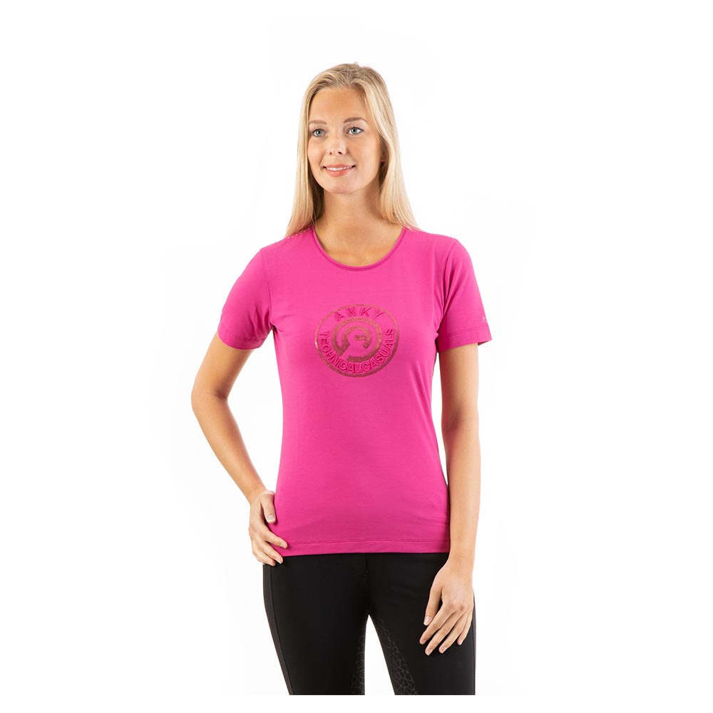 T-shirt fuchsia (very berry) à manches courtes avec broderies et paillettes pour femme - Anky