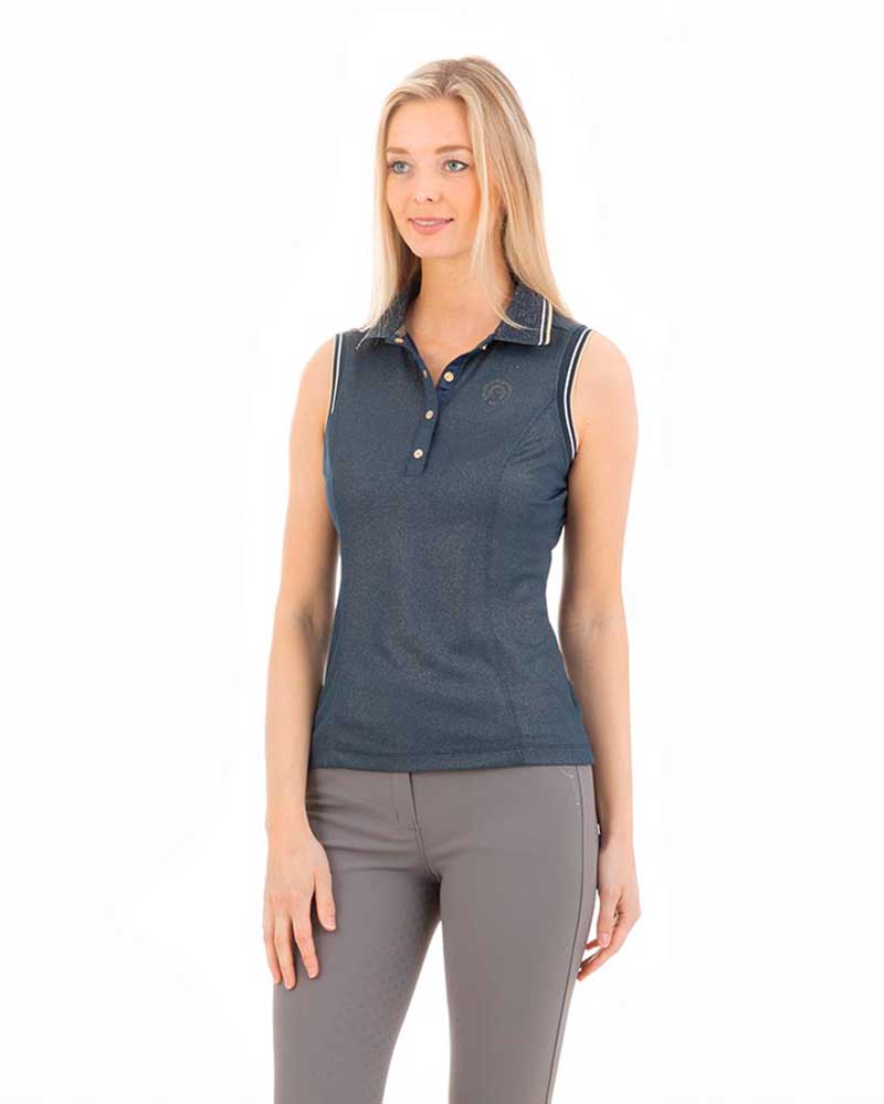 Polo sans manches bleu marine (dark navy) avec paillettes dorée pour femme - Anky