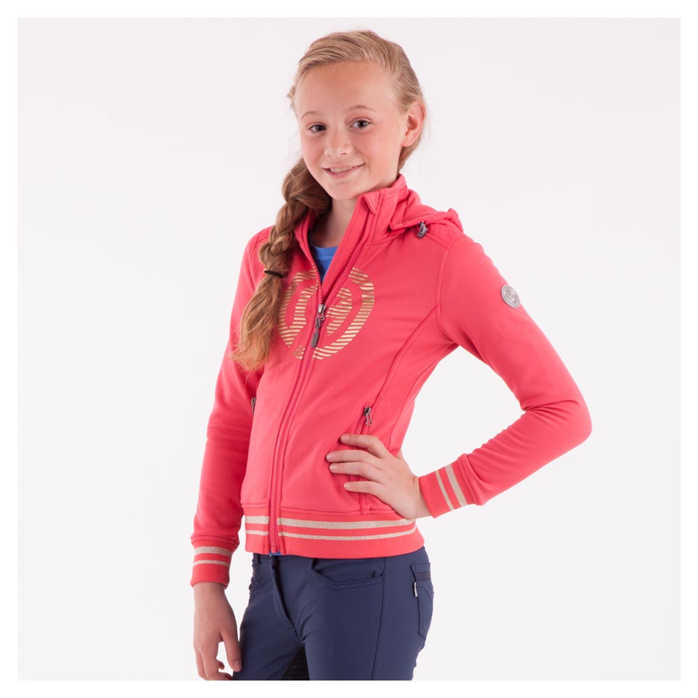 Raspberry training fleece with gold glitter details, zip, and removable hood for girls - Anky