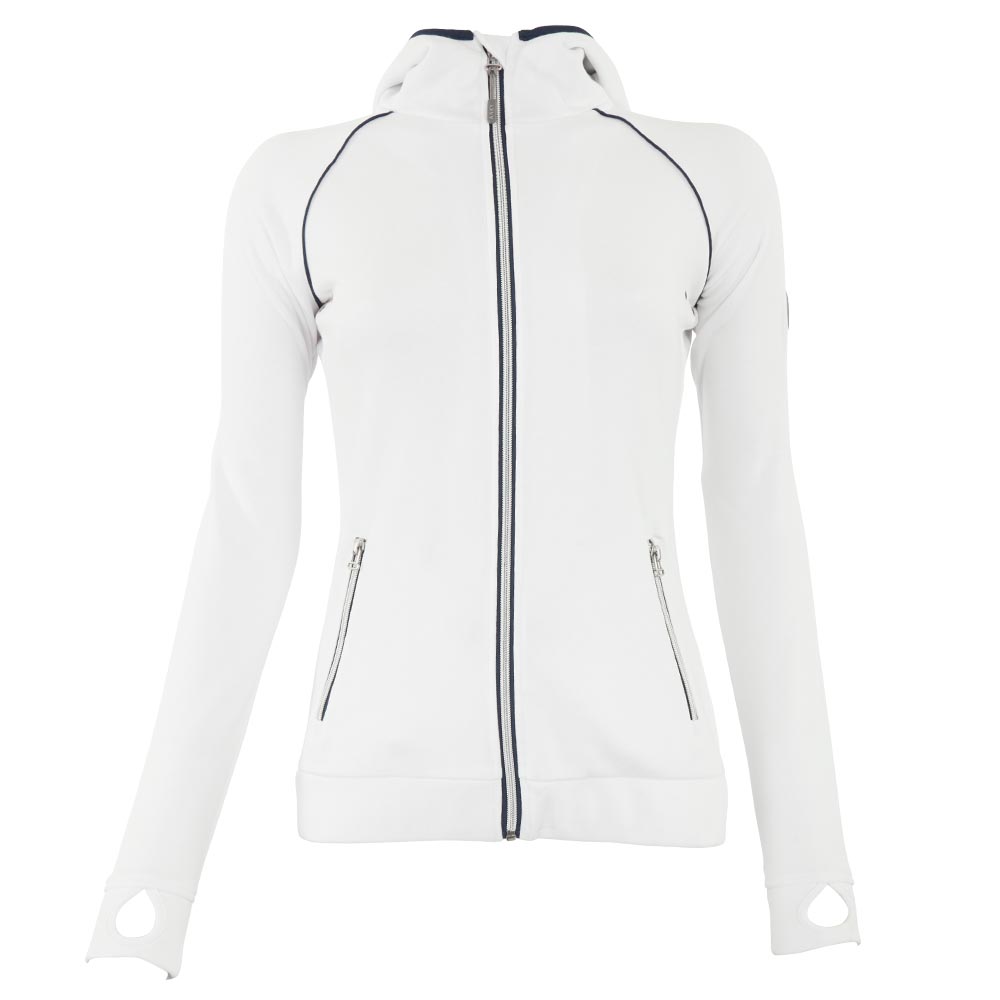Veste de compétition blanche (white) avec détails bleu marine et argenté avec fermeture éclair, col haut et capuche pour femme - Anky