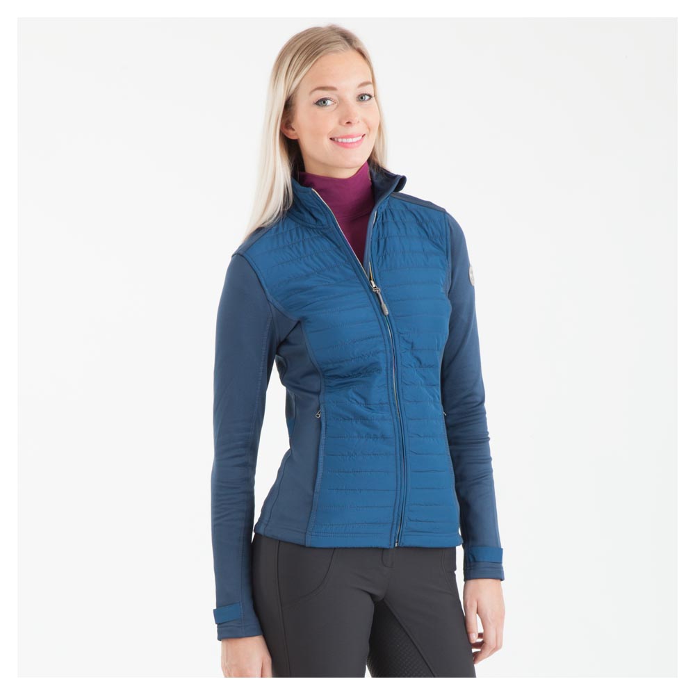 Veste d'entraînement courte en tissu technique bleu foncé (Blue Bird), doublure polaire, fermeture arc-en-ciel et col haut pour femme - Anky