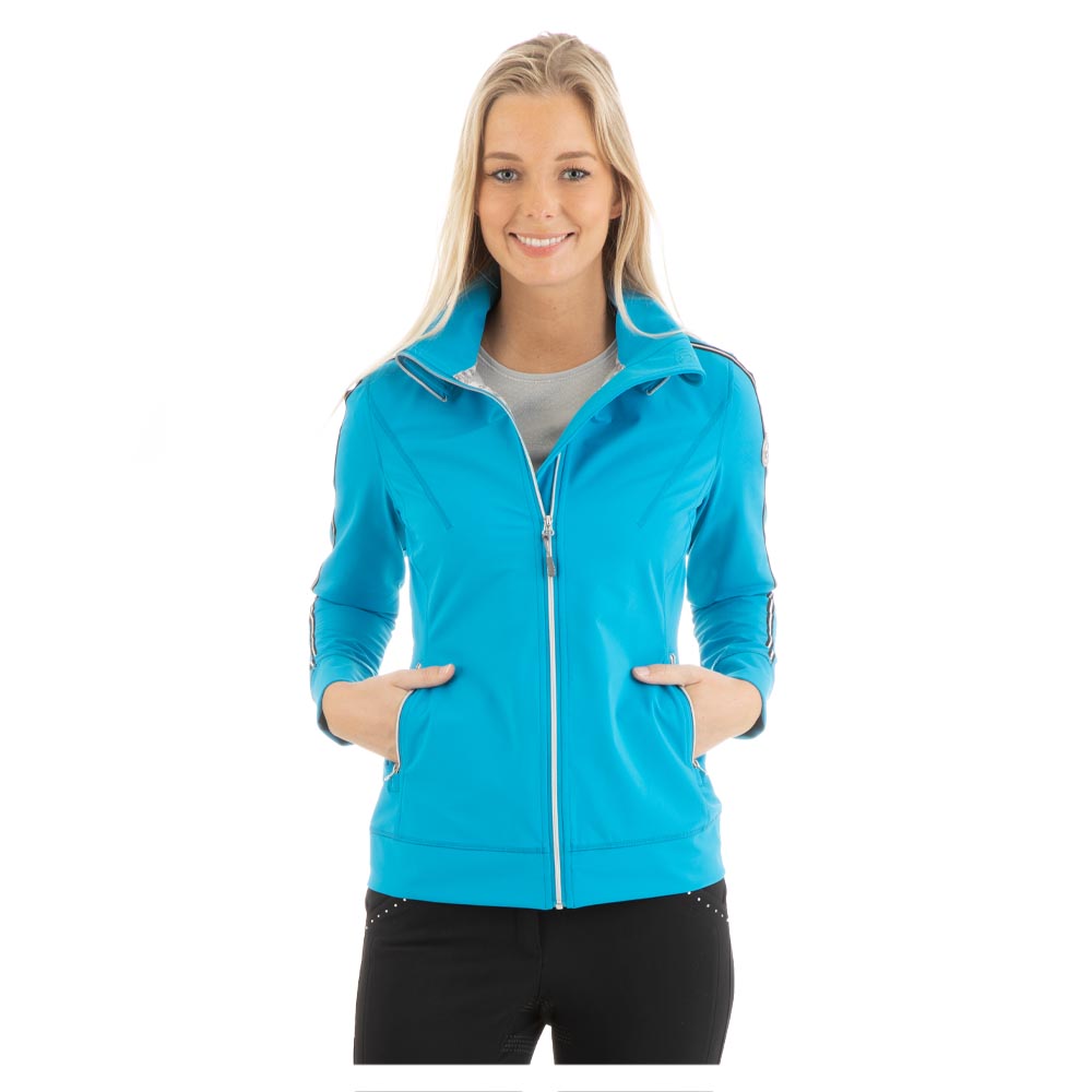 Veste imperméable triple capa bleu ciel (lagoon) et argentée à col haut pour femme - Anky