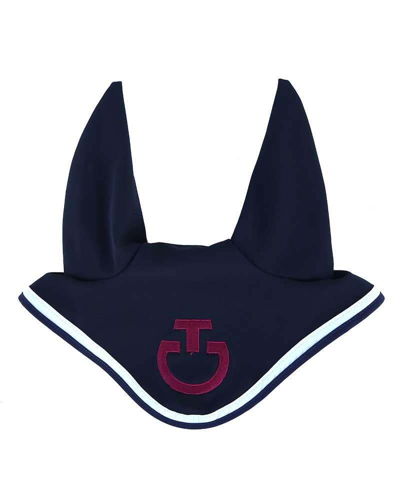 Navy blue and white earmuffs with burgundy logo and rigid ears for horse and pony - Cavalleria Toscana