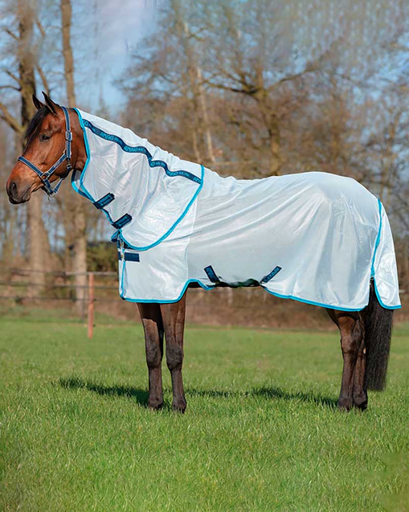Manta antimoscas con cuello azul muy claro para caballo - AMIGO