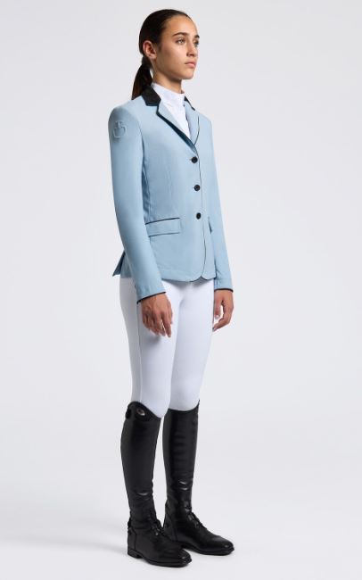 Veste de concours bleu clair avec col Alcantara et passepoils en contraste pour fille-GP - Cavalleria Toscana