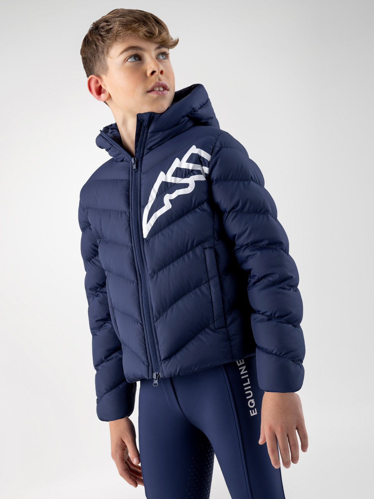 Junior Cino Navy Quilted Down Jacket with Hood and White Logo - Equiline