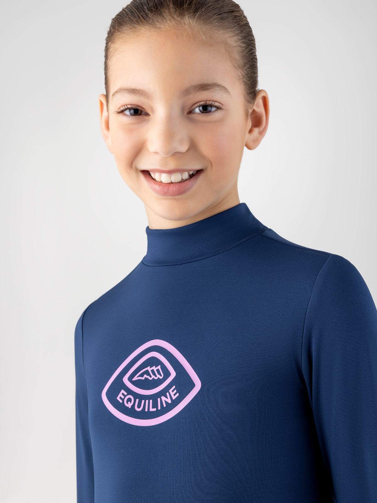 Haut technique à manches longues bleu marine avec logo rose pour fille Colam - Equiline