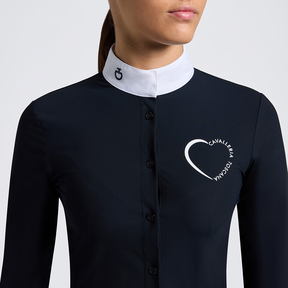 Camisa de competición de manga larga azul marino con botones para niña - Cavalleria Toscana