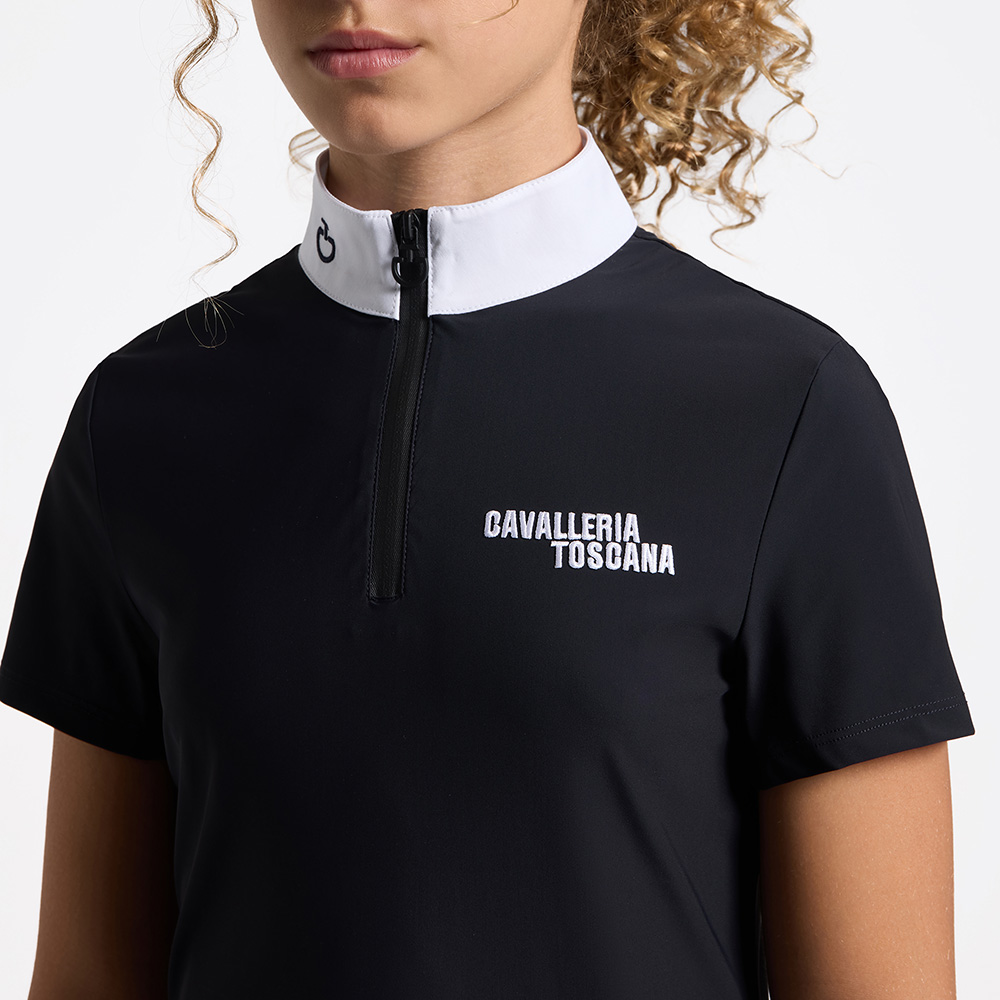Polo de compétition à manches courtes bleu marine avec logo brodé en blanc pour fille - Cavalleria Toscana