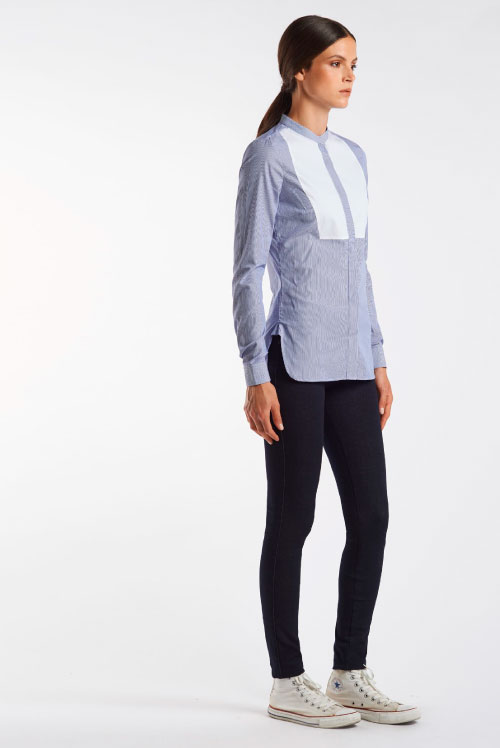 Women's Navy and White Striped Long Sleeve Show Shirt - Cavalleria Toscana