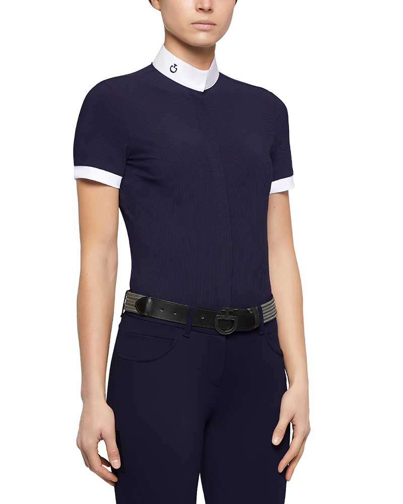 Chemise de compétition à manches courtes à rayures bleu marine et noir pour femme - Cavalleria Toscana