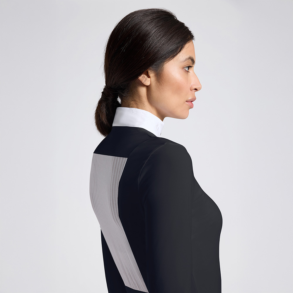 Polo de competición de manga larga negro con insercion de jacquard en la espalda para mujer - Cavalleria Toscana