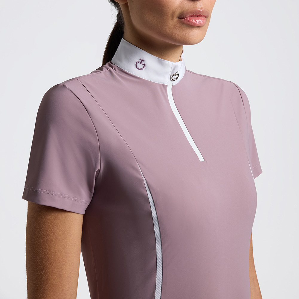 T-shirt de compétition à manches courtes lilas avec inserts en maille et fermeture éclair frontale pour femme - Cavalleria Toscana