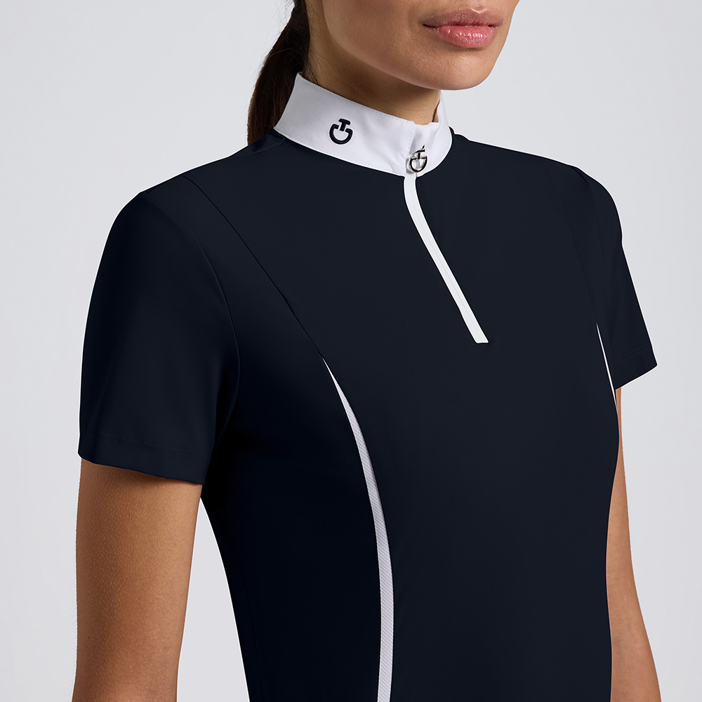 Polo de concours à manches courtes bleu marine e inserciones de maille et fermeture éclair frontal pour femme - Cavalleria Toscana