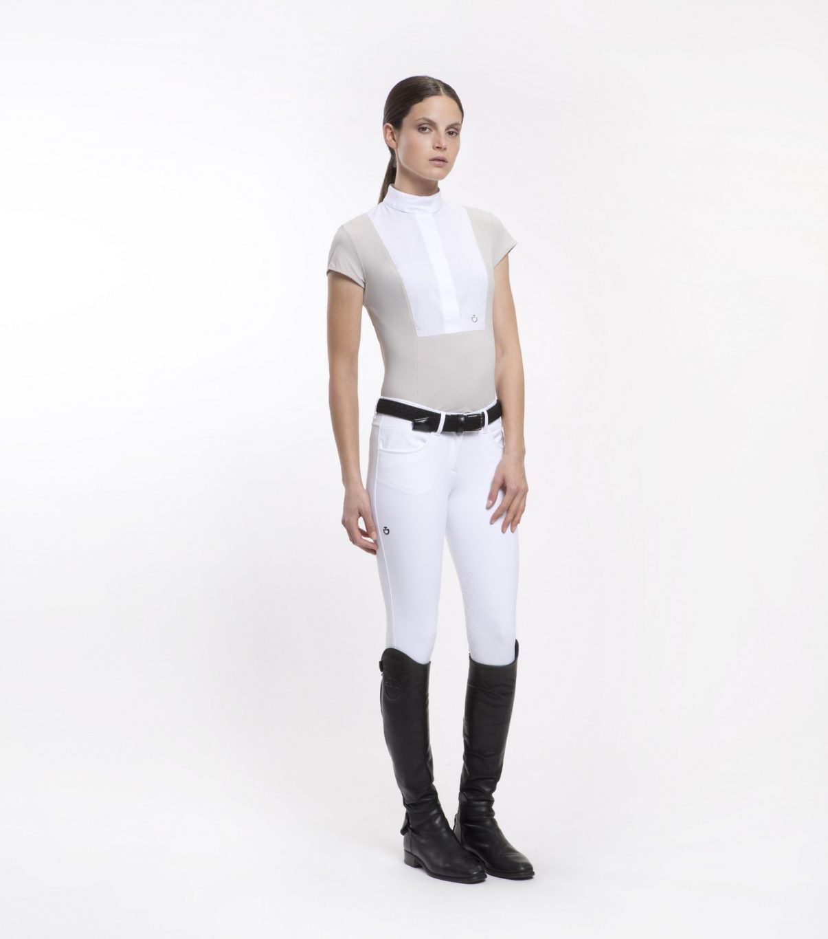 Chemise de compétition à manches courtes beige et blanc pour femme - Cavalleria Toscana
