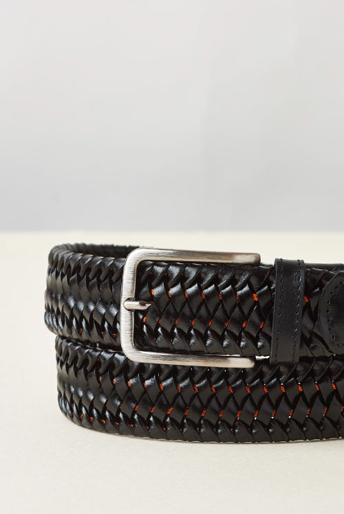 Black Leather Elastic Braided Belt with Orange Cord - Cavalleria Toscana