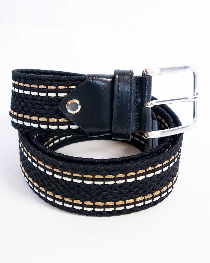 Black, Beige, and White Braided Elastic Belt with Black Leather - Cavalleria Toscana
