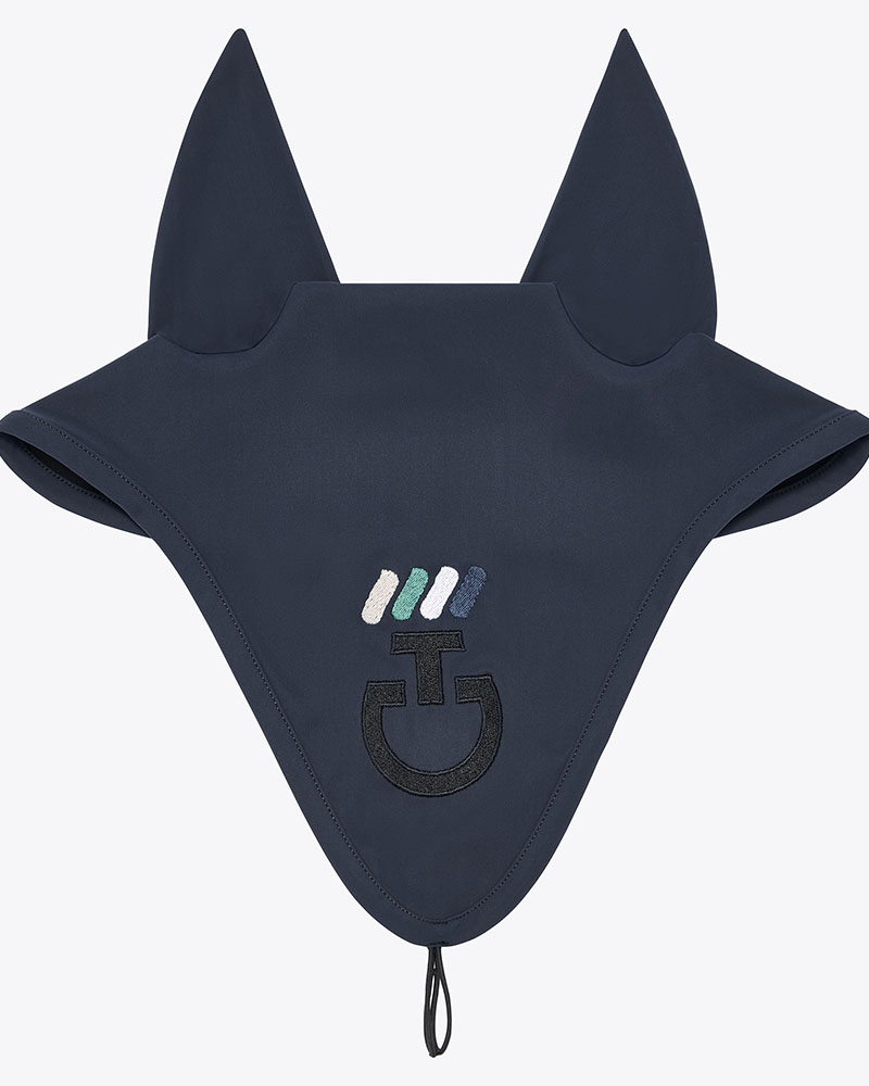 Orejeras azul ahumado con orejas finas elásticas con logo y bordado y agarre a cabezada para caballo y pony - Cavalleria Toscana