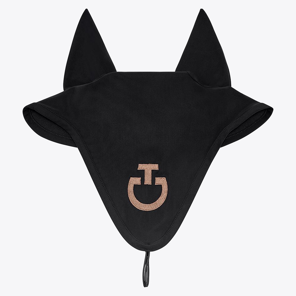 Black ear bonnet with caramel brown embroidered logo, fine elastic ears, and bridle attachment for horse - Cavalleria Toscana